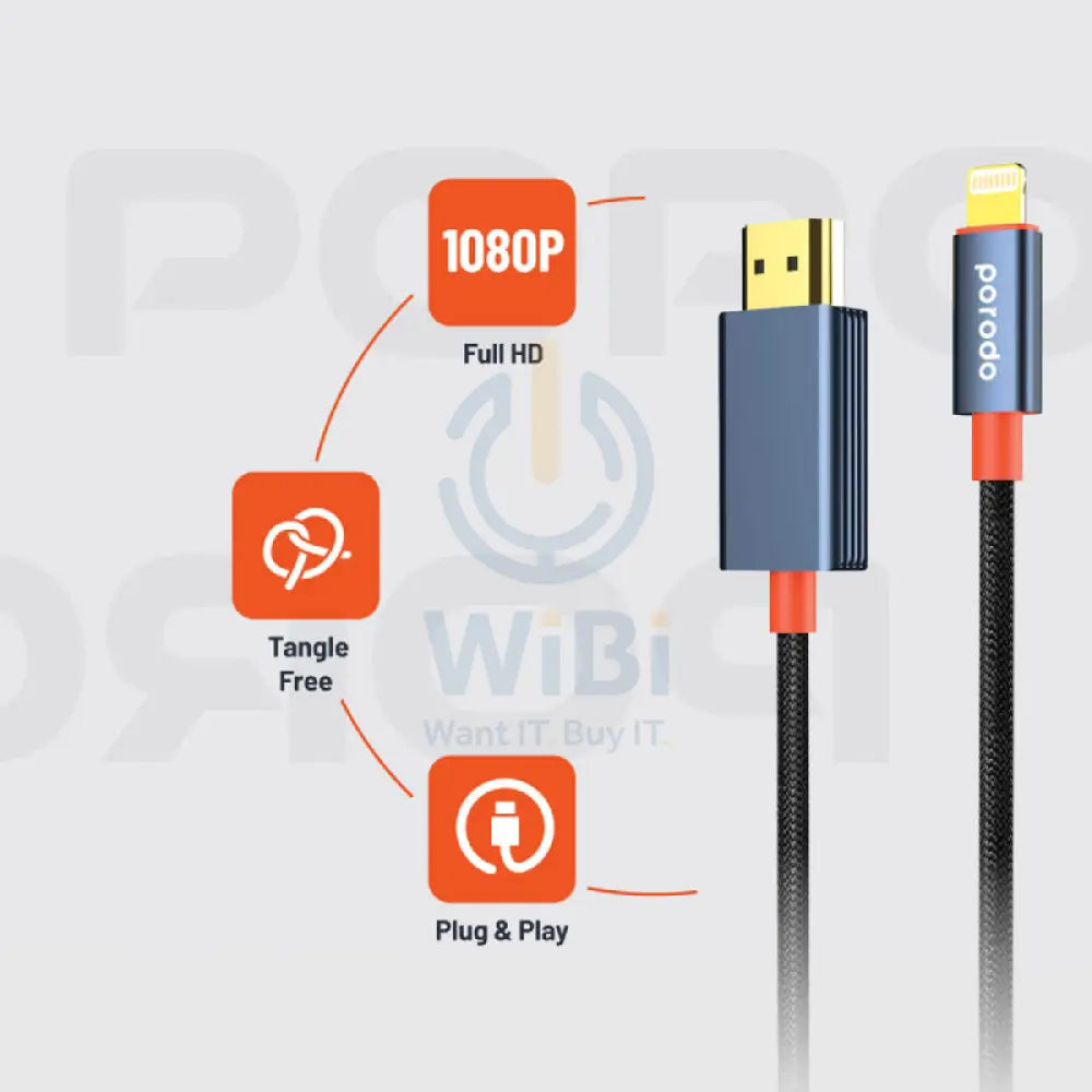 Porodo Woven Cable - 2 Meter / Lightning / HDMI / Black Accessories > Cables & Converters > Cables
