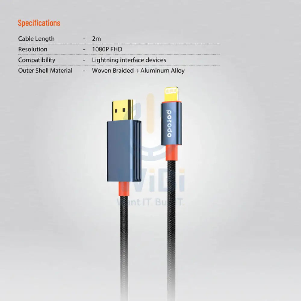 Porodo Woven Cable - 2 Meter / Lightning / HDMI / Black Accessories > Cables & Converters > Cables