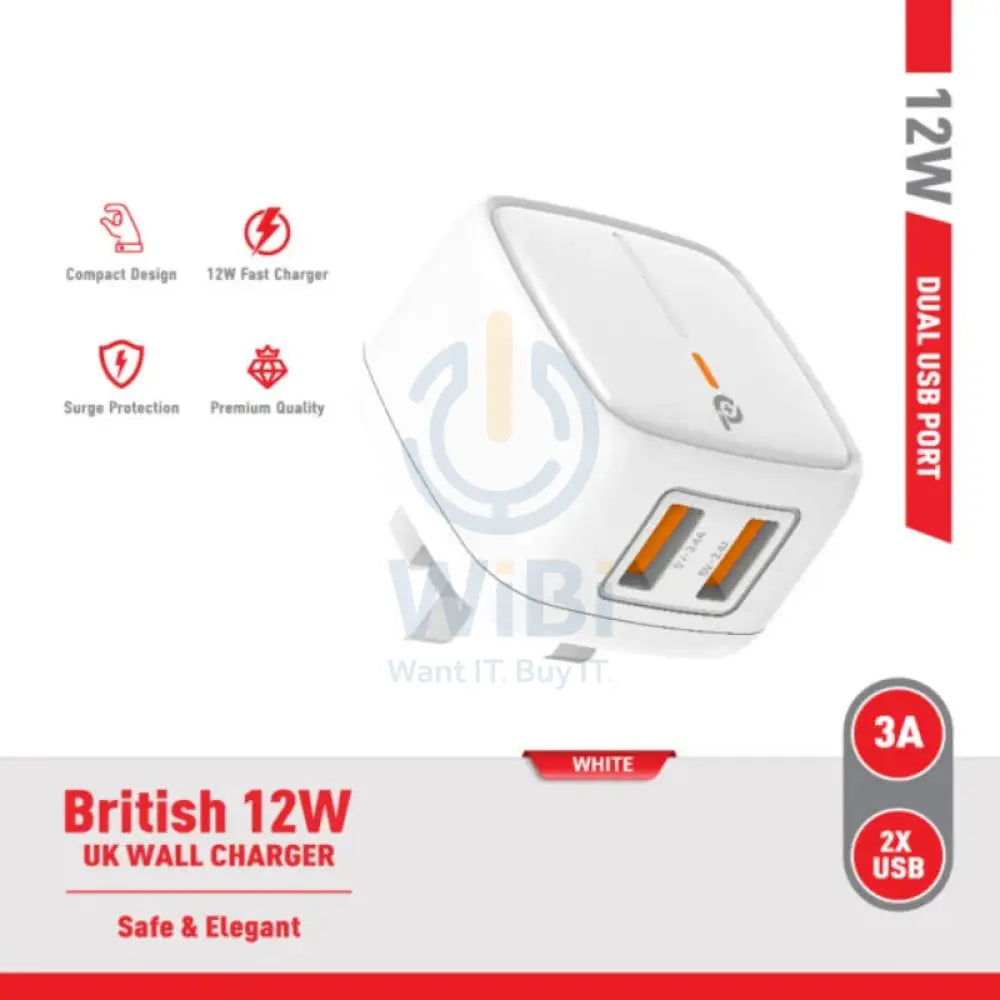 PowerO + British UK Wall Charger - 12W / USB-A / White Accessories > Power Adapters