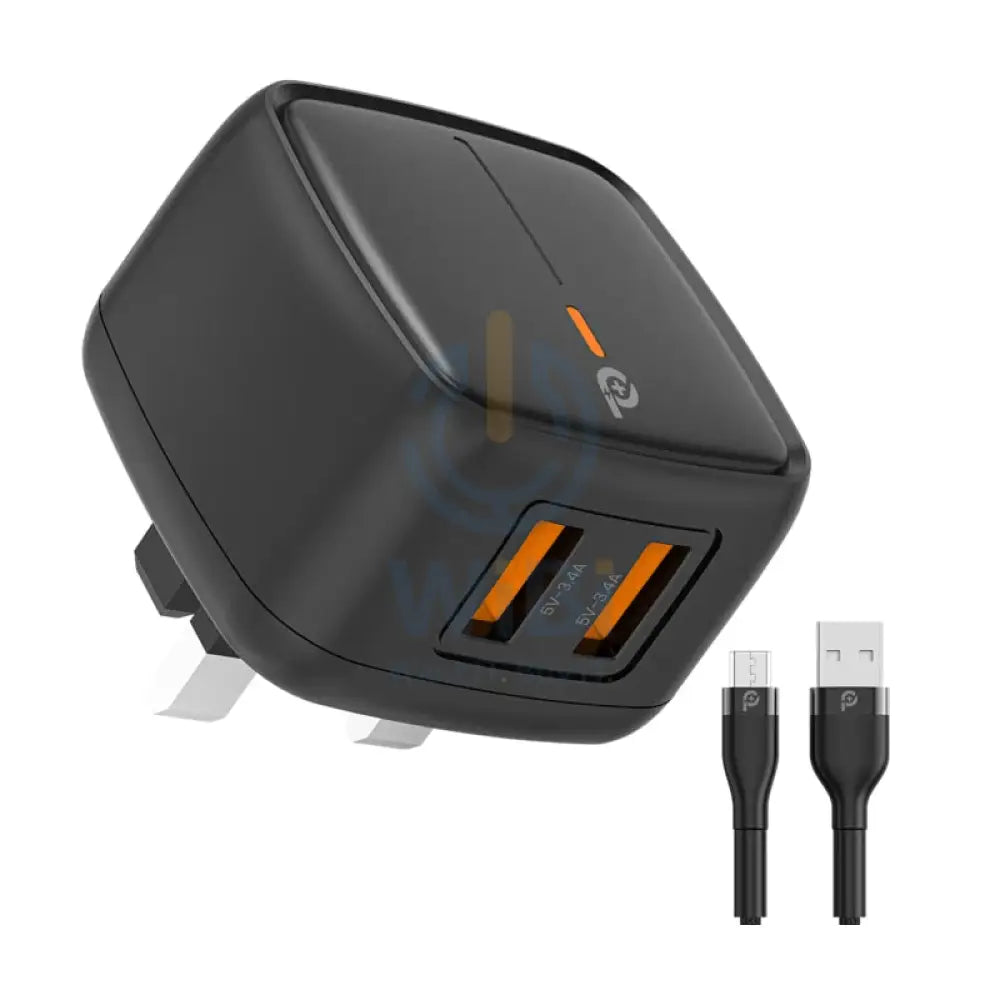 PowerO + British UK Wall Charger with Cable - 12W / USB-A / Black Accessories > Power Adapters