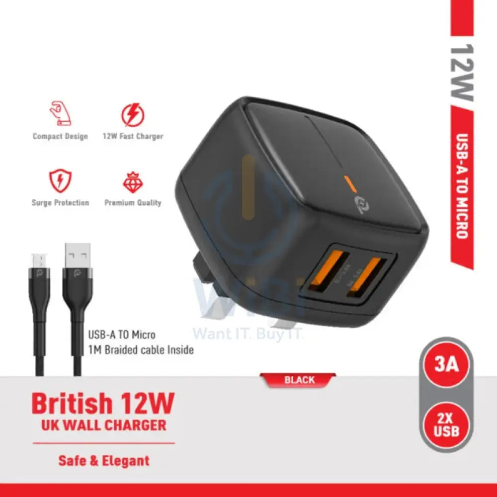 PowerO + British UK Wall Charger with Cable - 12W / USB-A / Black Accessories > Power Adapters