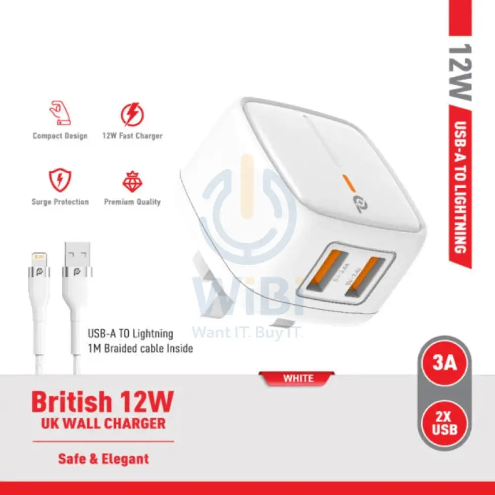 PowerO + British UK Wall Charger with Lightning Cable - 12W / USB-A / White Accessories > Power Adapters