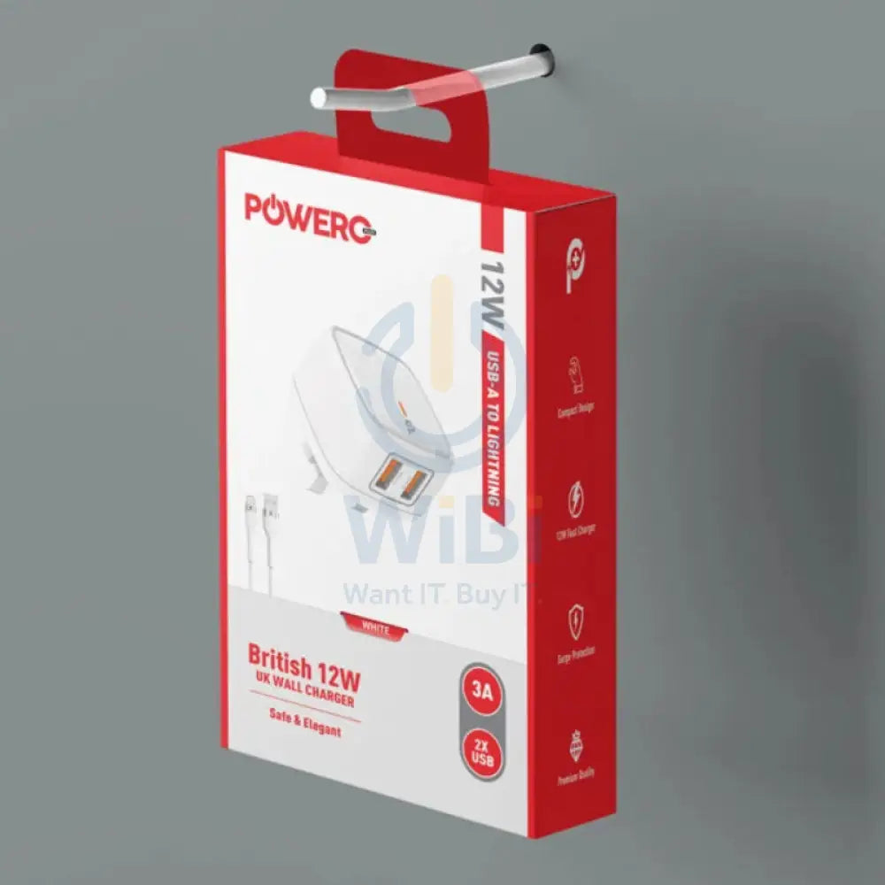 PowerO + British UK Wall Charger with Lightning Cable - 12W / USB-A / White Accessories > Power Adapters