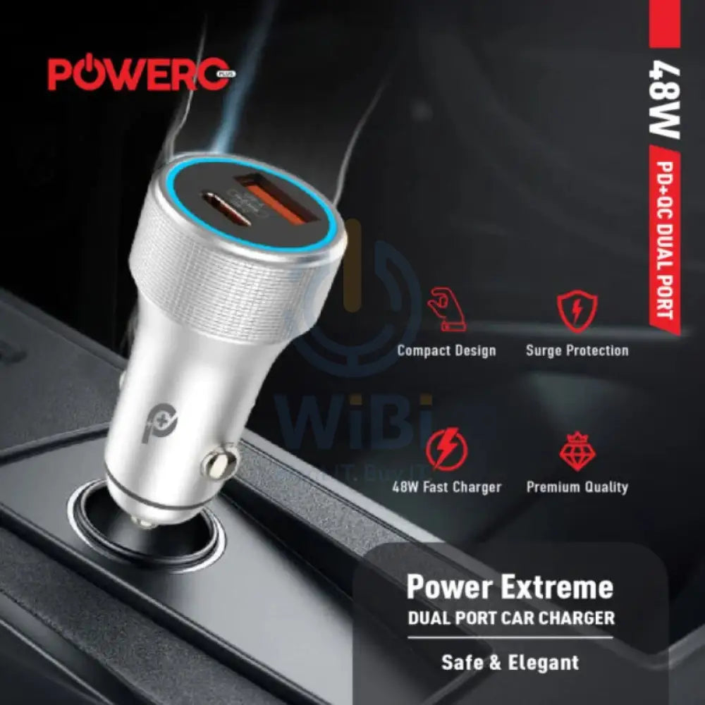 PowerO + Power Extreme Dual Port Car Charger - 48W / USB-A / USB-C / Grey Accessories > Mobiles & Tablets > Mobiles >