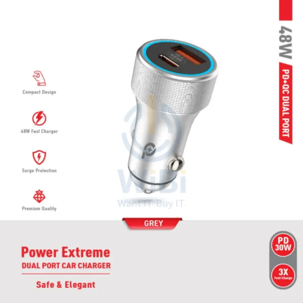 PowerO + Power Extreme Dual Port Car Charger - 48W / USB-A / USB-C / Grey Accessories > Mobiles & Tablets > Mobiles >
