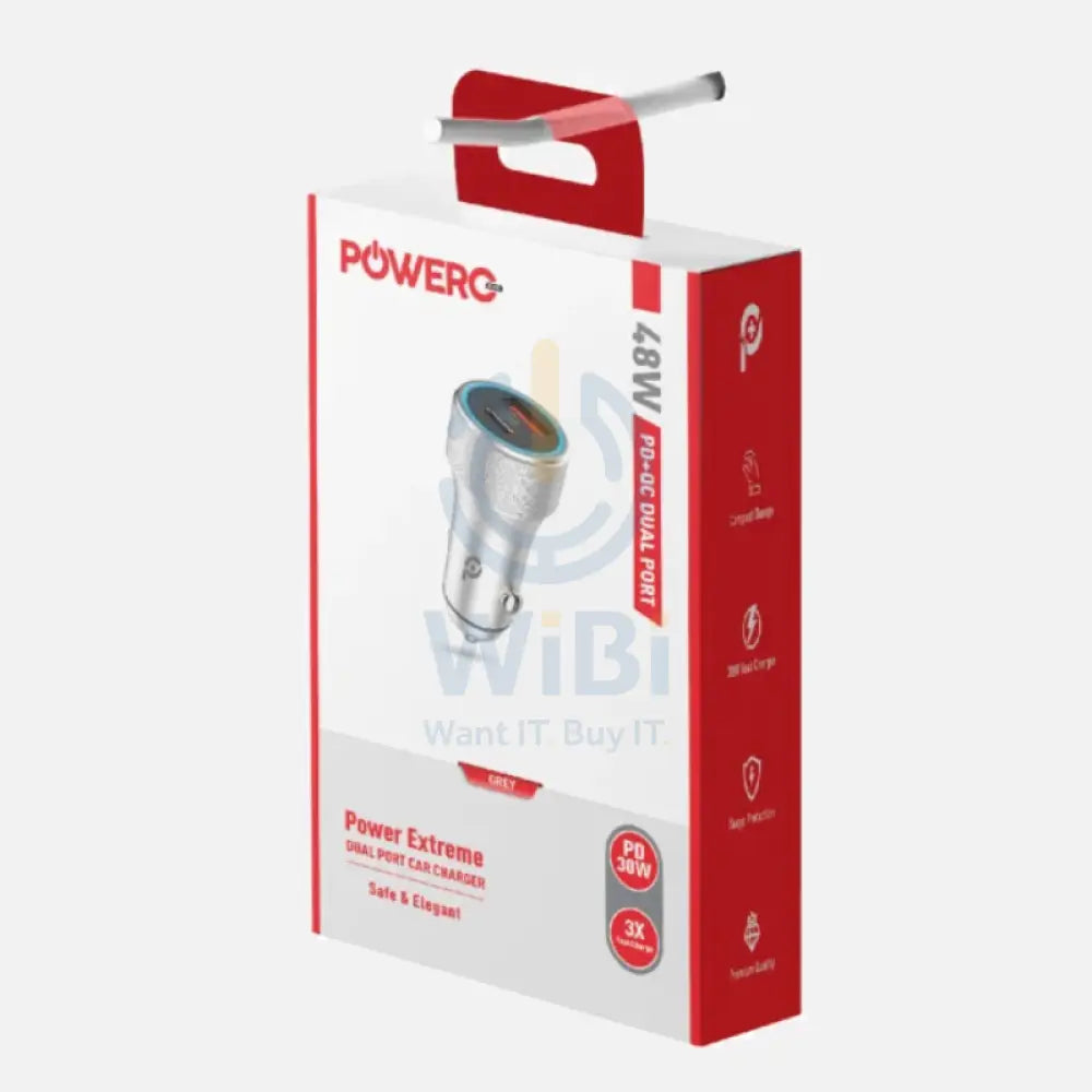 PowerO + Power Extreme Dual Port Car Charger - 48W / USB-A / USB-C / Grey Accessories > Mobiles & Tablets > Mobiles >