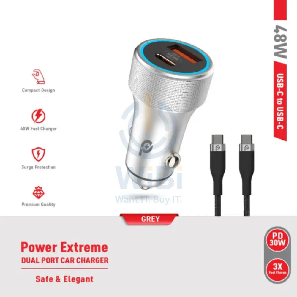 PowerO + Power Extreme Dual Port Car Charger with Type-C Cable - 48W / USB-A / USB-C / Grey Accessories > Mobiles &