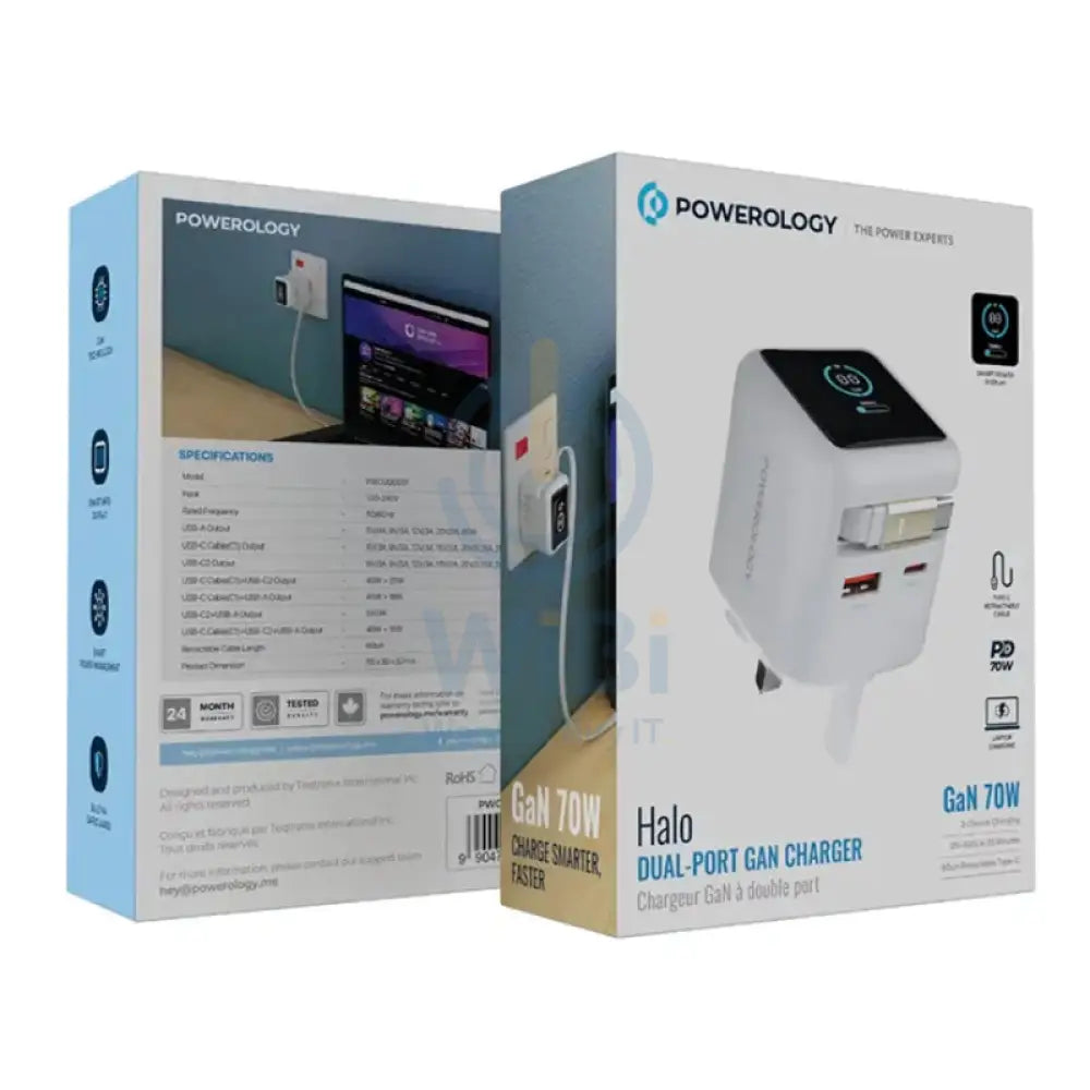 Powerology Halo Dual-Port GaN Charger - 70W / USB-C / USB-A / White Accessories > Power Adapters