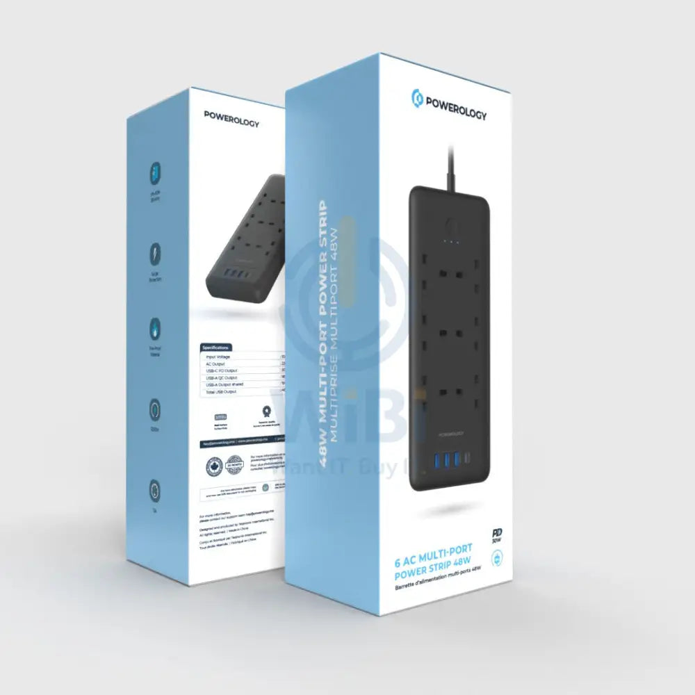 Powerology Multi-Port Power Strip - 48W / 6AC / USB / UK Plug Accessories > Power > Power Protection > Surge Protector