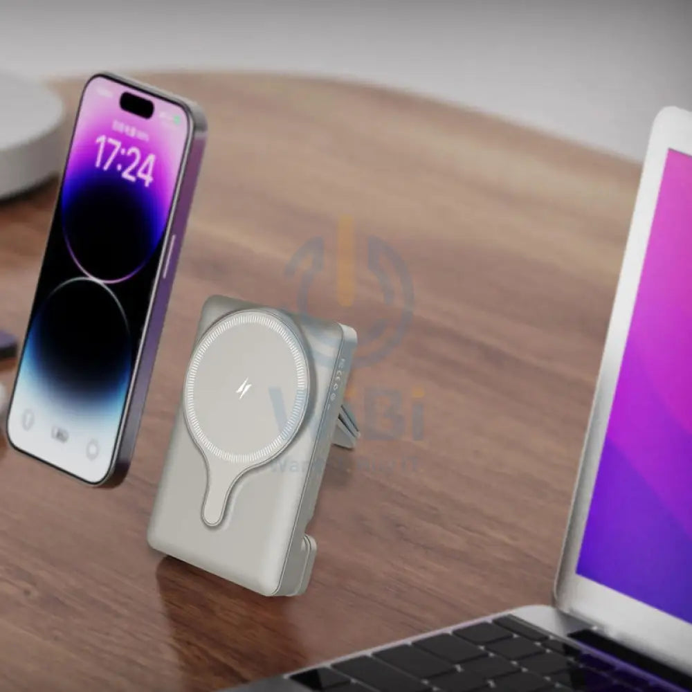 Powerology Power Bank With Magnetic Wireless Charger Car Mount - 5000mAh / USB / Type-C - Titanium Accessories > Power
