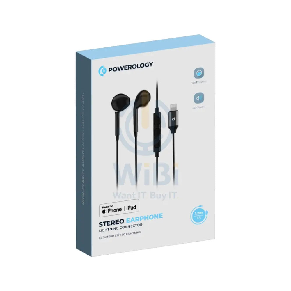 Powerology Stereo Earphone Lightning Connector 1.2m/4ft - Black Accessories > Audio > Headphones