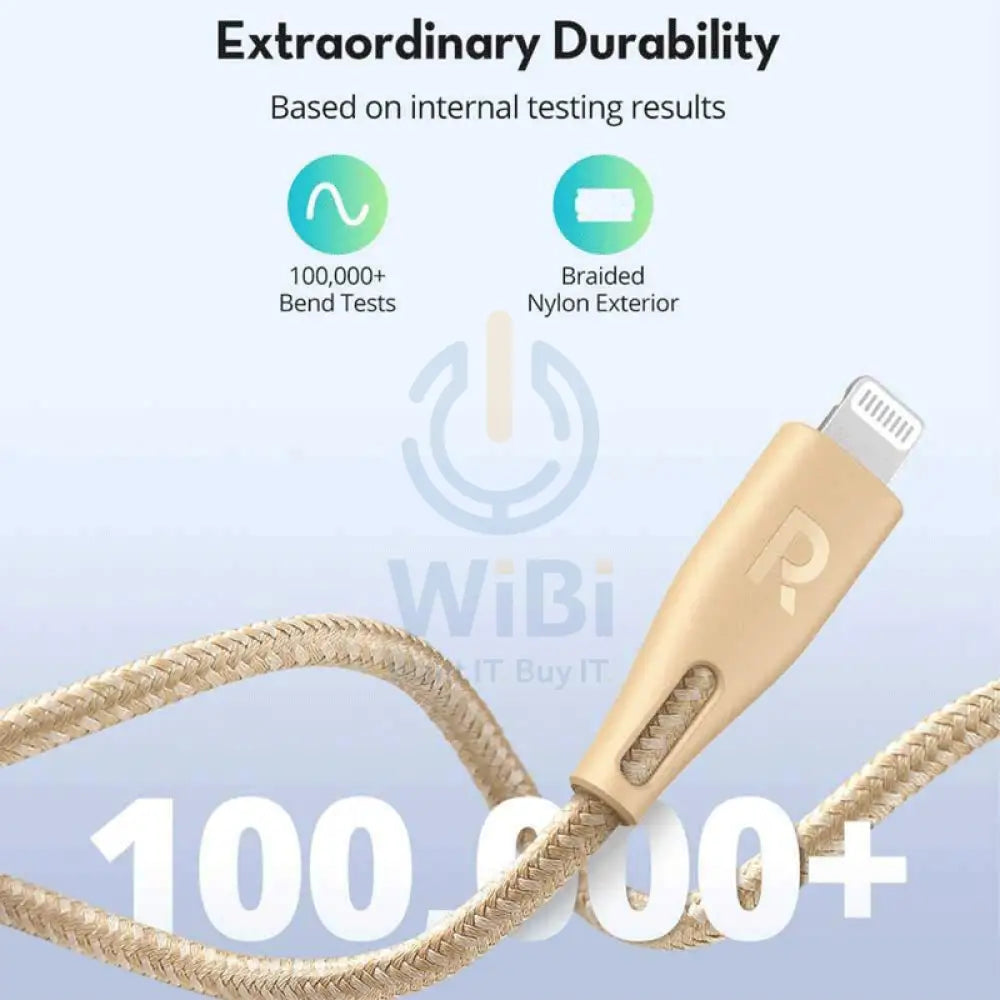 RAVPower Nylon Braided Type-C to Lightning Charging Cable - 0.3 Meter / 1ft / Gold Accessories > Cables & Converters >