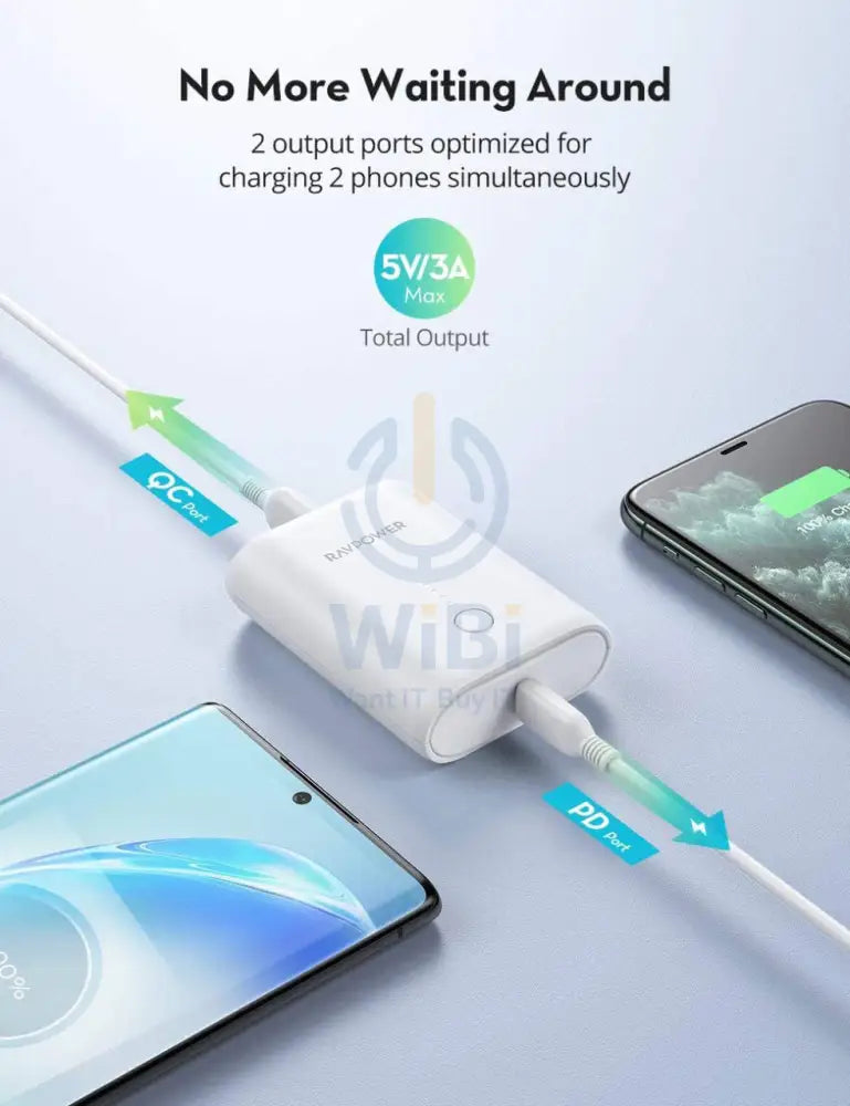 RAVPower PD + QC 2-Port Power Bank - 10,000mAh / 18W / White Accessories > Power Bank