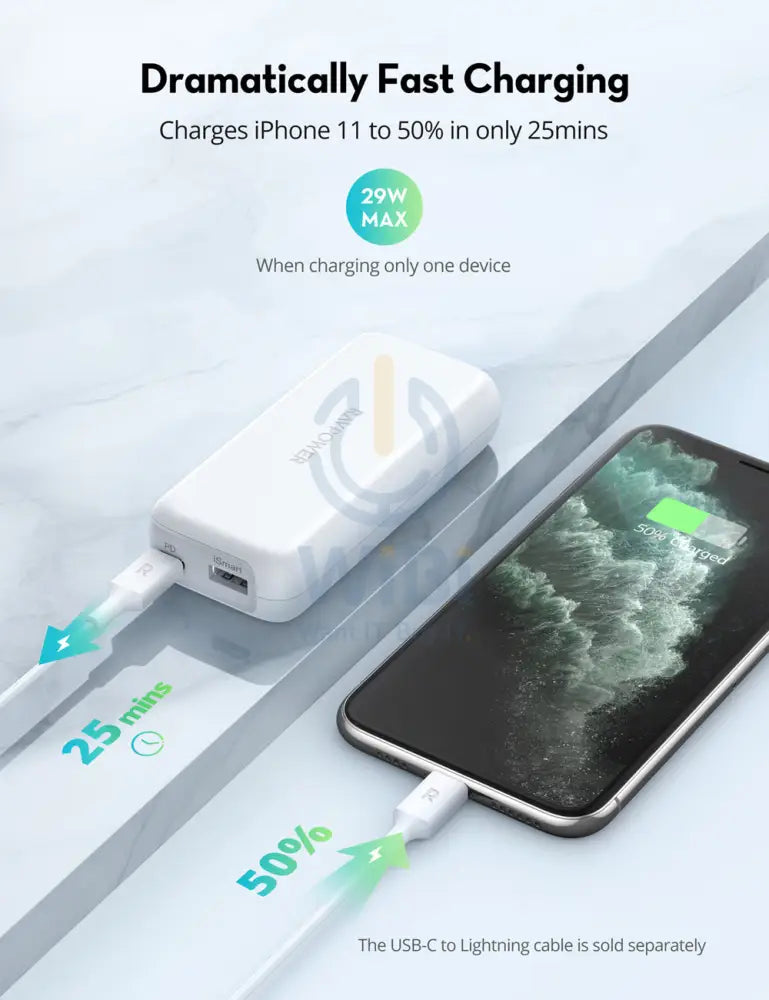 RAVPower RP-PB186B 10000mAh Power Bank 20W USB C Portable Charger - White Accessories > Power Bank