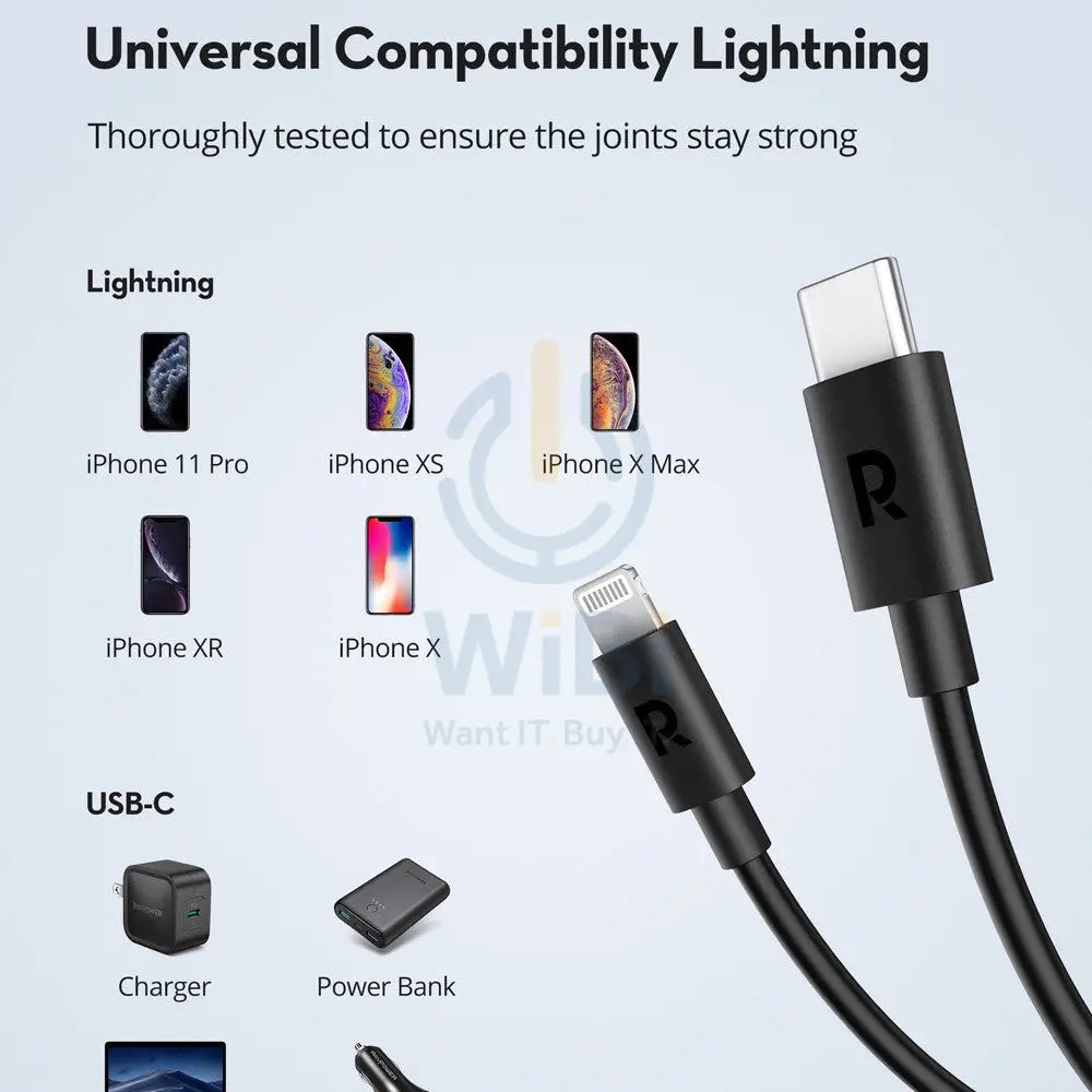 RAVPower TPE Type-C to Lightning Charging Cable - 0.3 Meter / Black Accessories > Cables & Converters > Cables