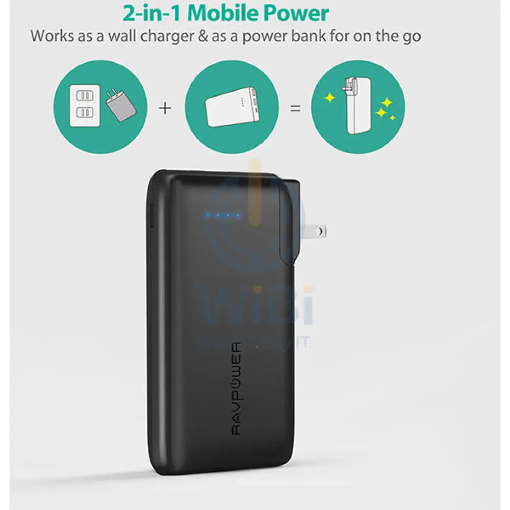 RavPower10000mAh Power Bank With EU & UK Adapter Black (Built-In US Plug) Accessories > Power Adapters