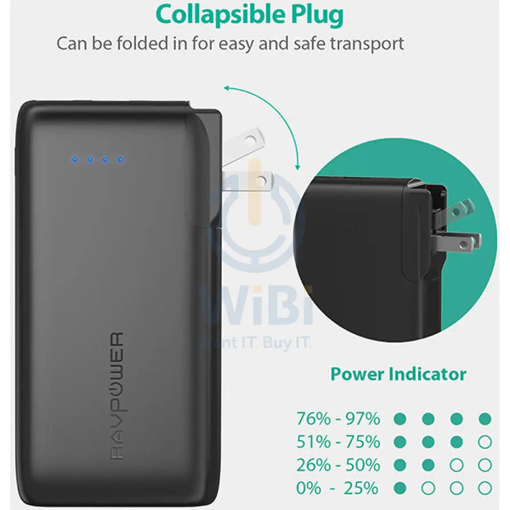 RavPower10000mAh Power Bank With EU & UK Adapter Black (Built-In US Plug) Accessories > Power Adapters
