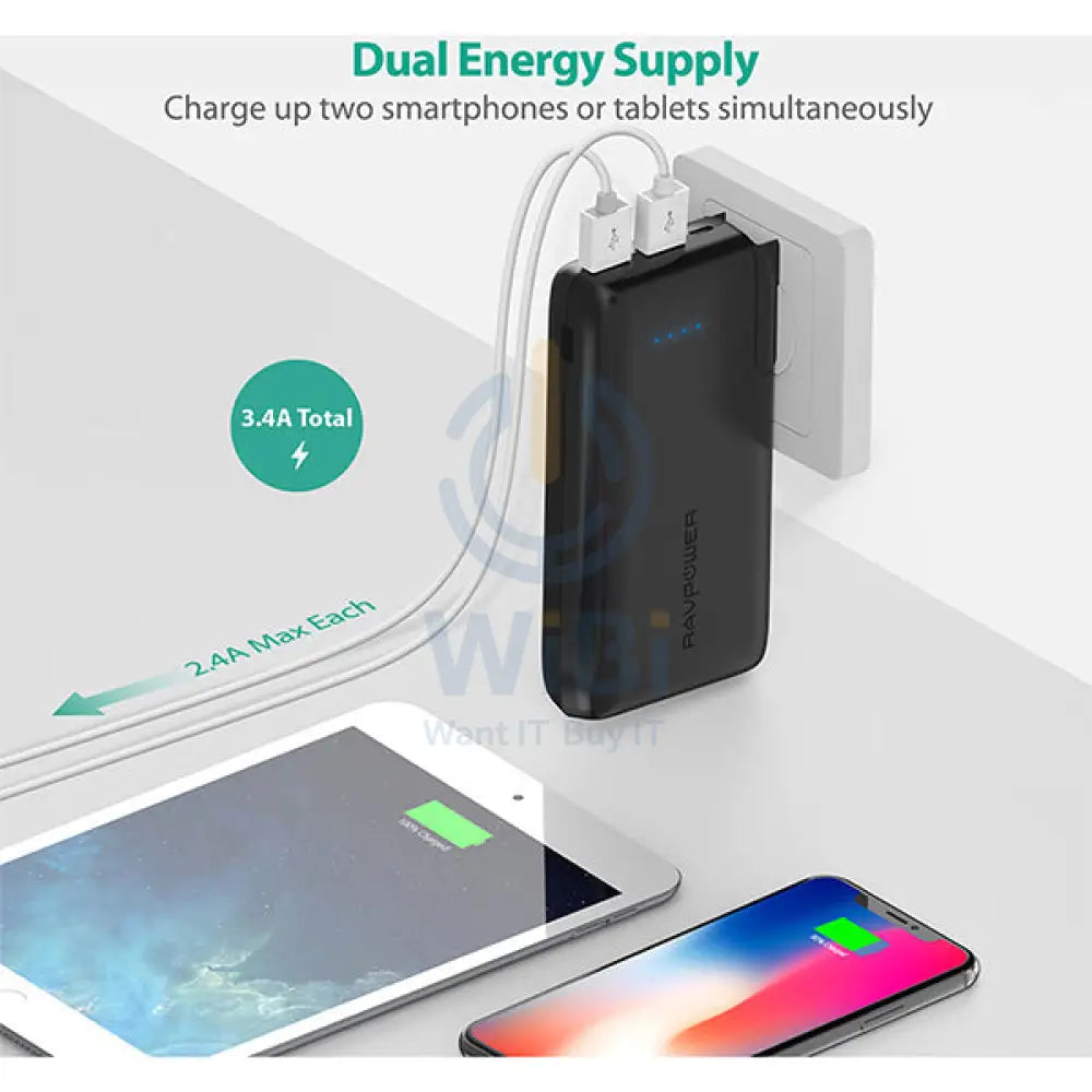 RavPower10000mAh Power Bank With EU & UK Adapter Black (Built-In US Plug) Accessories > Power Adapters