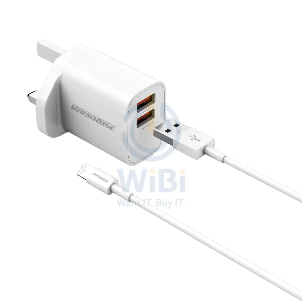 Rockrose 18W Dual Port Travel Charger QC 3.0 Quick Charger With 1M 2.4A Quick Charge & Data Sync Lightning Cable