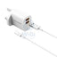 Rockrose 18W Dual Port Travel Charger QC 3.0 Quick Charger With 1M 2.4A Quick Charge & Data Sync USB-C Cable - White