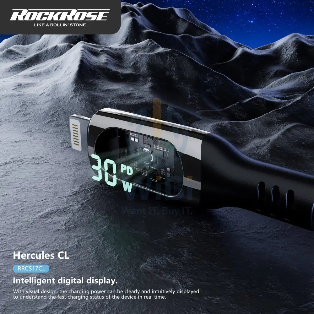 RockRose Transparent 27W Fast Charging Cable with Digital Power Display USB-C to Lightning - Black Accessories > Cables