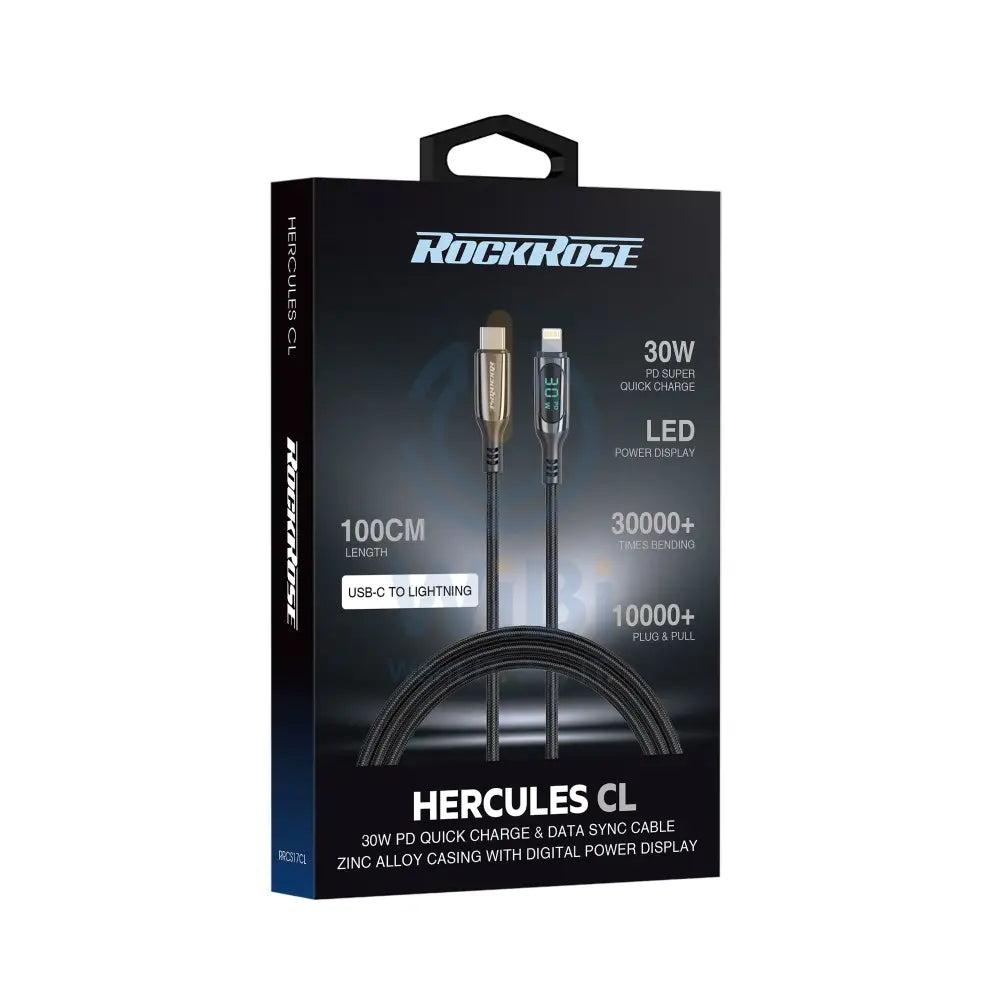 RockRose Transparent 27W Fast Charging Cable with Digital Power Display USB-C to Lightning - Black Accessories > Cables