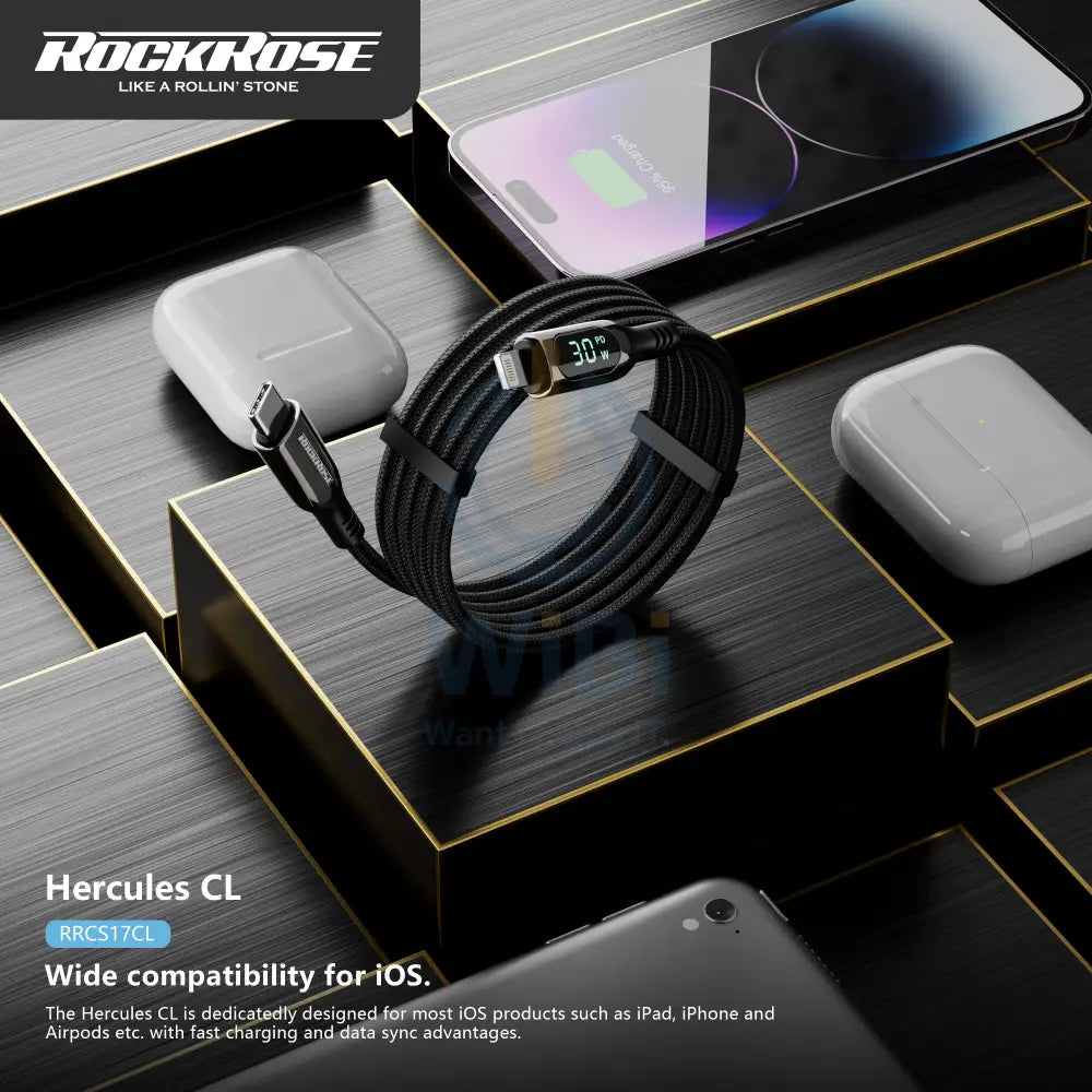 RockRose Transparent 27W Fast Charging Cable with Digital Power Display USB-C to Lightning - Black Accessories > Cables