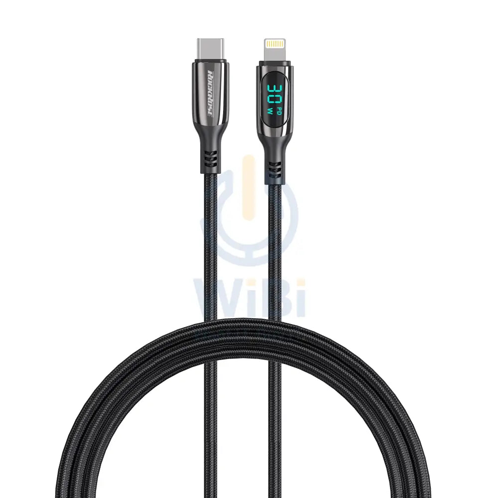 RockRose Transparent 27W Fast Charging Cable with Digital Power Display USB-C to Lightning - Black Accessories > Cables
