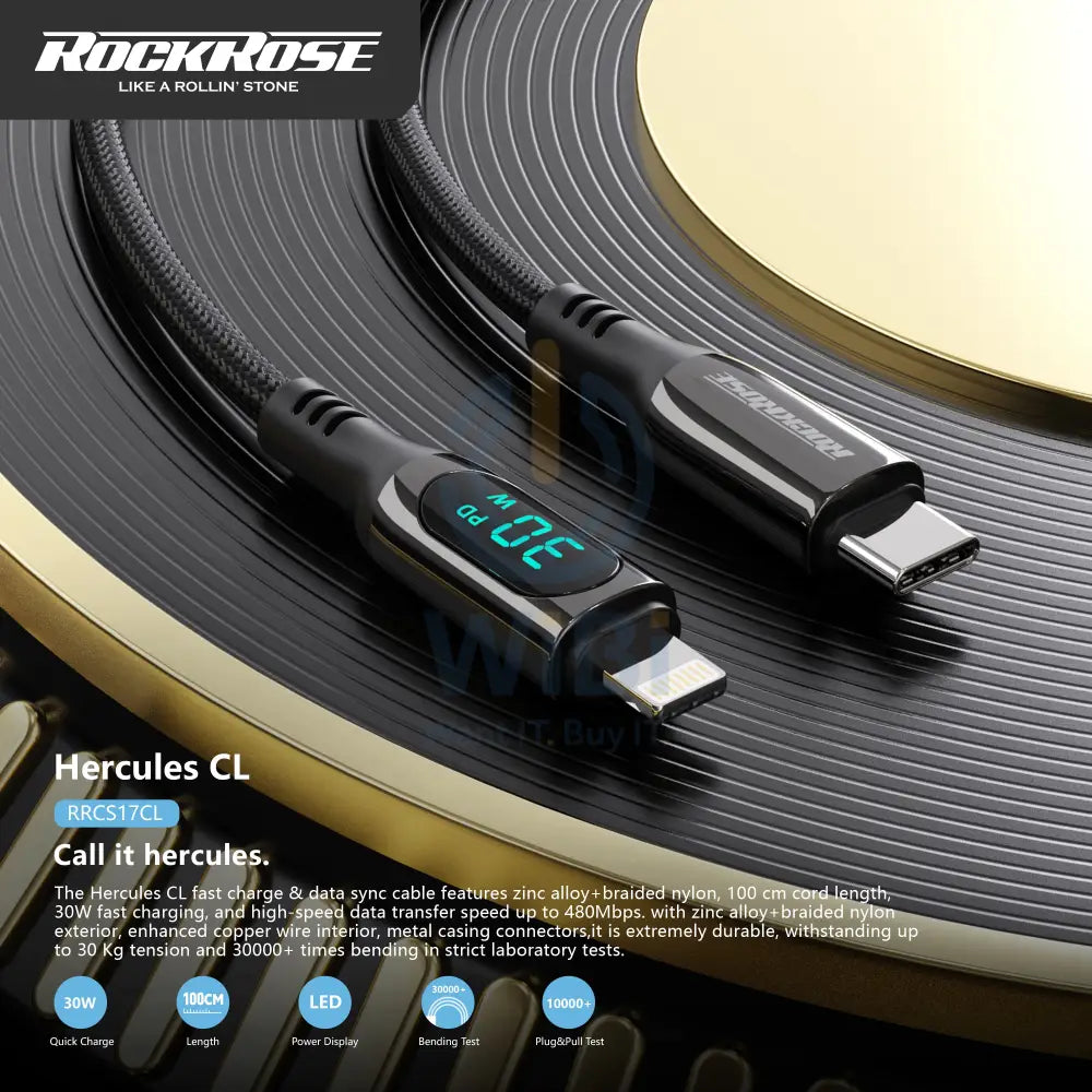 RockRose Transparent 27W Fast Charging Cable with Digital Power Display USB-C to Lightning - Black Accessories > Cables