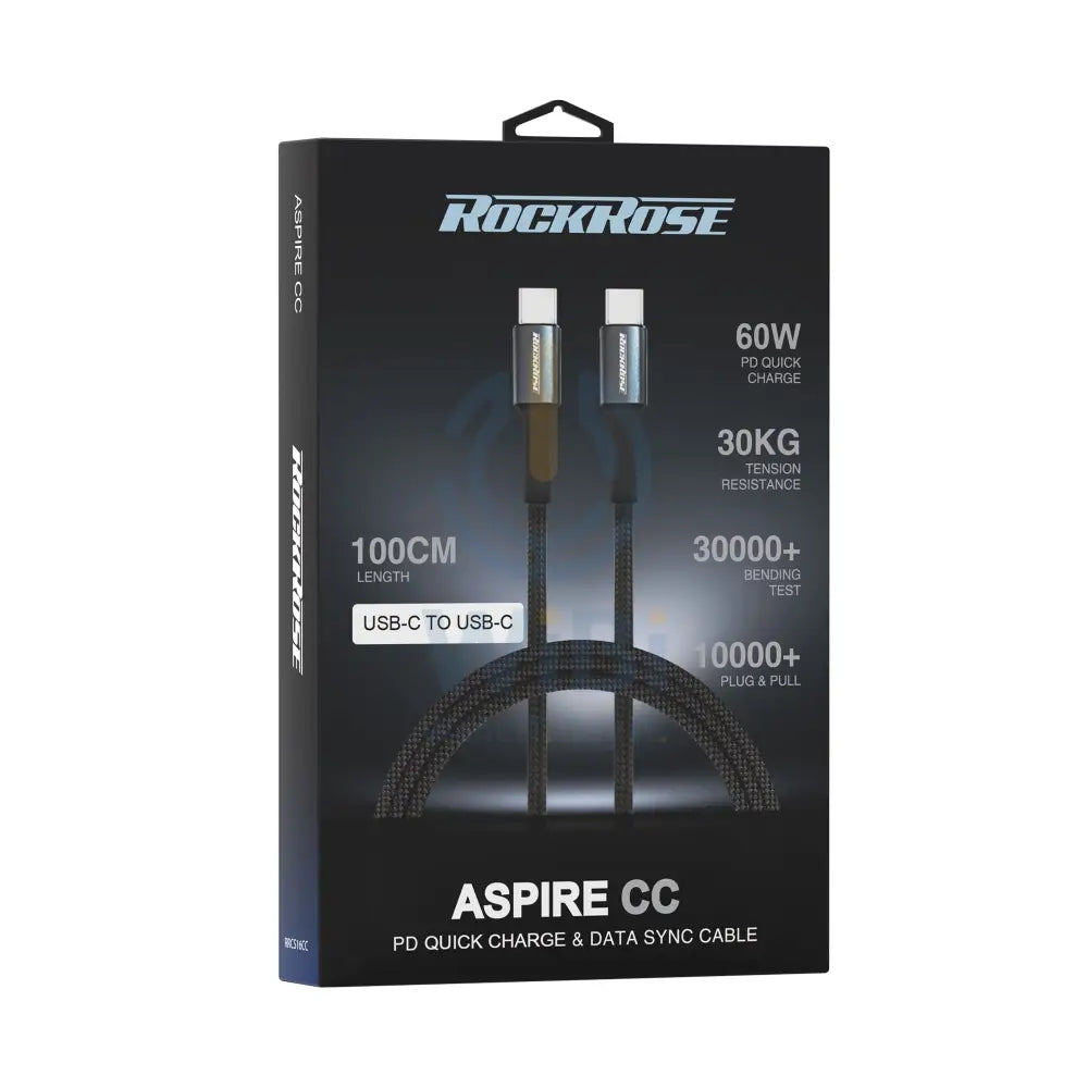 RockRose USB-C to USB-C Nylon-braided Cable - 3A / 60W / 1M / Black Accessories > Cables & Converters > Cables