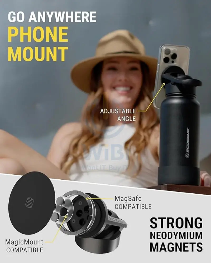 Scosche MagicMount Flask 22oz (650 ml) Stainless Steel Insulated Water Bottle with Magnetic Cell Phone Holder and