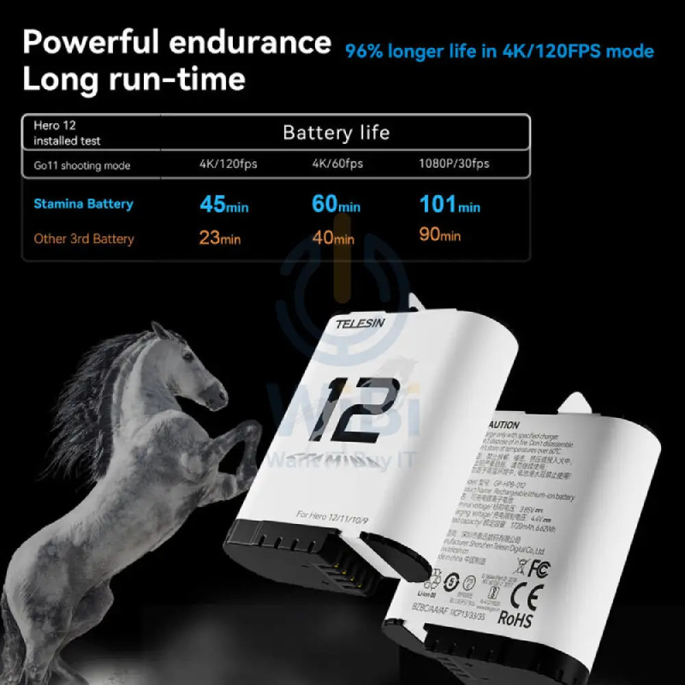 TELESIN Pocket-Size 3-Slot Charger Box & 2 Stamina Batteries Kit for GoPro HERO12/11/10/9 - Black Accessories > Cameras