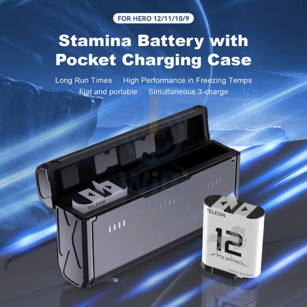 TELESIN Pocket-Size 3-Slot Charger Box & 2 Stamina Batteries Kit for GoPro HERO12/11/10/9 - Black Accessories > Cameras