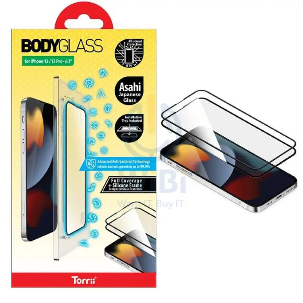 Torrii Bodyglass Full Coverage + Silicon Frame Screen Protector - iPhone 13 & 13 Pro / Anti-bacterial Coating / Black