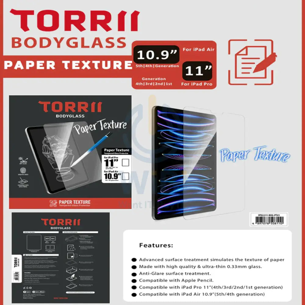 Torrii Bodyglass Paper Texture glass screen protector for Apple iPad Pro 11’’ (4th/3rd/2nd/1st Gen.) & Apple iPad Air