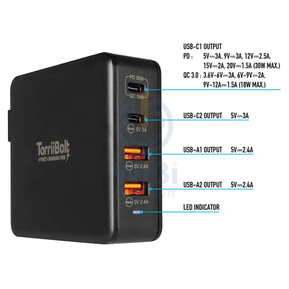 Torrii Bolt 4 Port Charging Hub - 47W / 2 x USB-C / 2 x USB-A / QC 3.0 / Black Accessories > Power Adapters