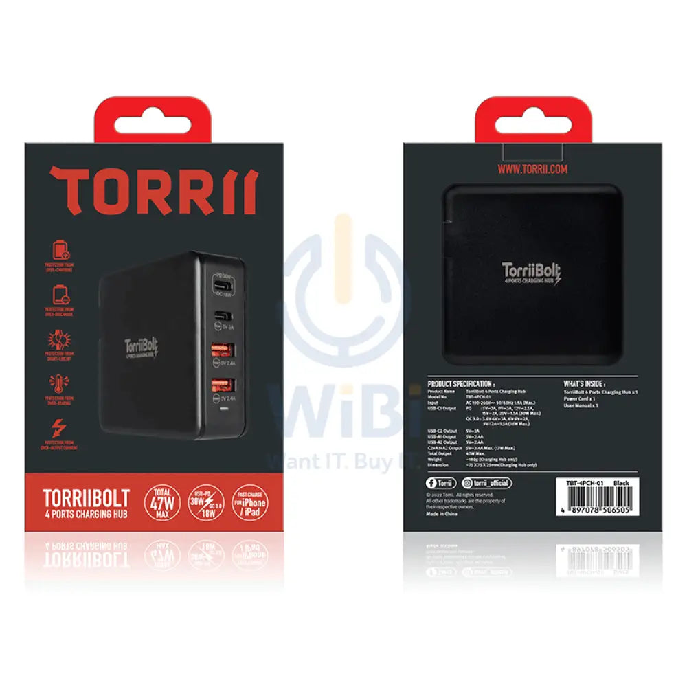 Torrii Bolt 4 Port Charging Hub - 47W / 2 x USB-C / 2 x USB-A / QC 3.0 / Black Accessories > Power Adapters