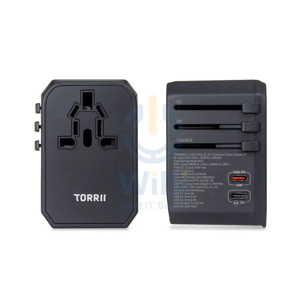 Torrii Bolt Universal Travel Adapter III – USB-PD / QC 3.0 / Black Accessories > Power Adapters