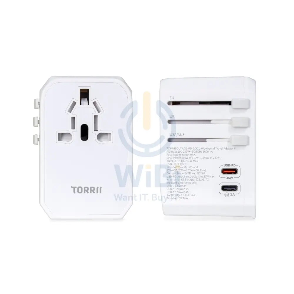 Torrii Bolt Universal Travel Adapter III – USB-PD / QC 3.0 / White Accessories > Power Adapters
