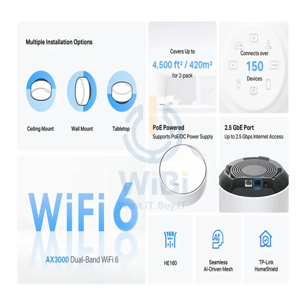 TP-Link (Deco X50-PoE) AX3000 Whole Home Mesh WiFi 6 System with PoE - 5GHz (2402 Mbps) / Gigabit LAN / (3-Pack)