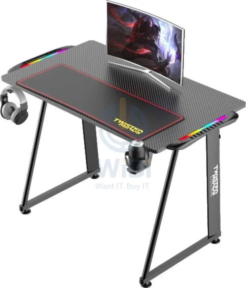 Twisted Minds A Shaped Carbon Fiber Texture Gaming Desk / RGB Light / Headphone Hooks / Cup Holder - Black Accessories