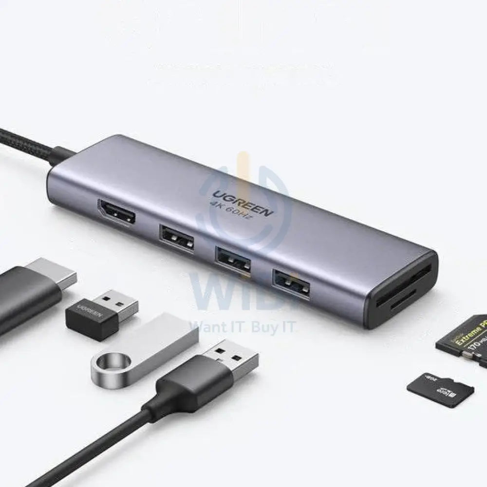 UGreen 6 in 1 Multifunctional USB HUB Type C - 3x USB 3.2 Gen 1 / HDMI 4K 60Hz / SD and TF card Reader Gray (60383
