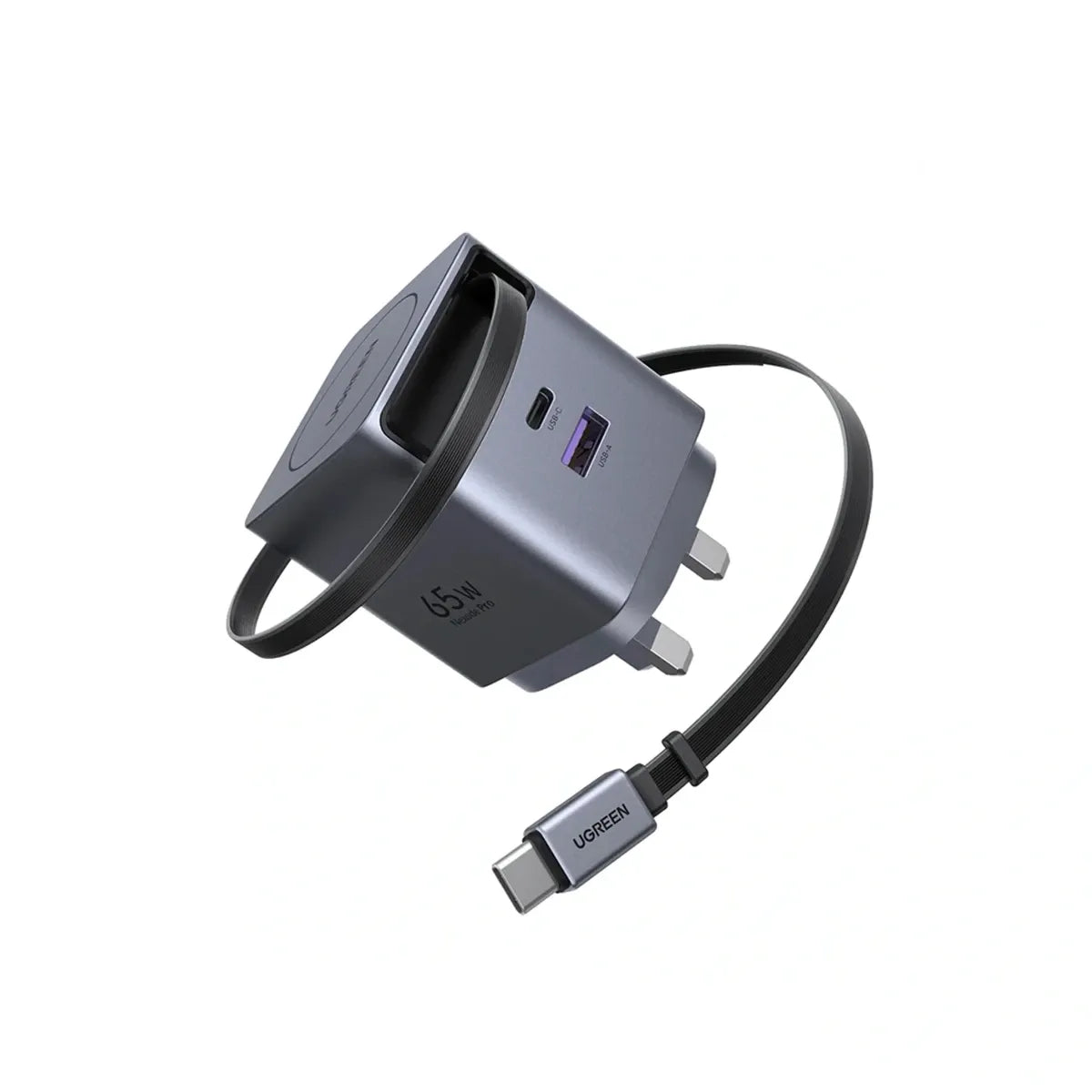 UGREEN GaN Fast Charger with Retractable Cable 2-port - 65W / Space Gray