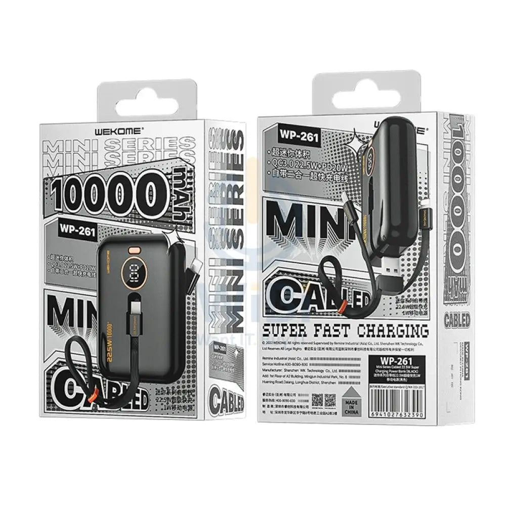 Wekome WP-261 10000mAh Mini Series 22.5W Fast Charge Power Bank with Cable - Black Accessories > Power Bank