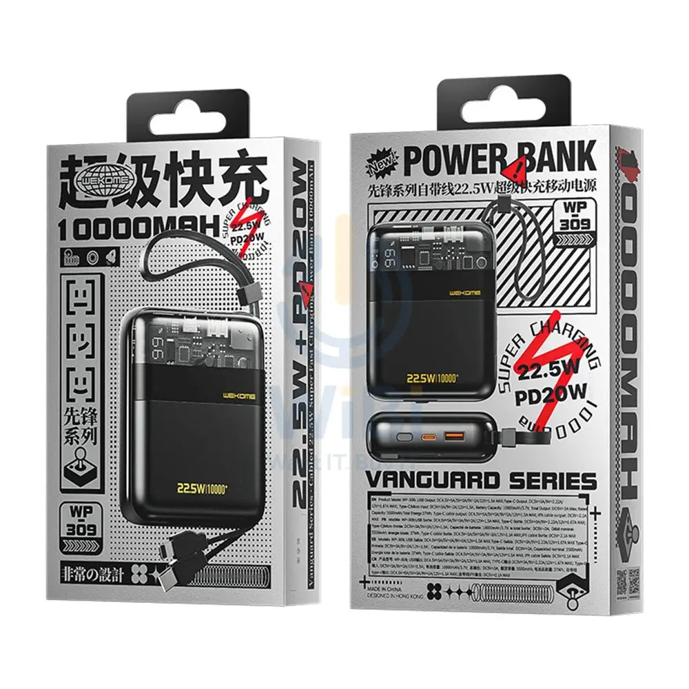 Wekome WP-309 10000mAh 22.5W Super Fast Charge Power Bank with Cable - Black Accessories > Power Bank