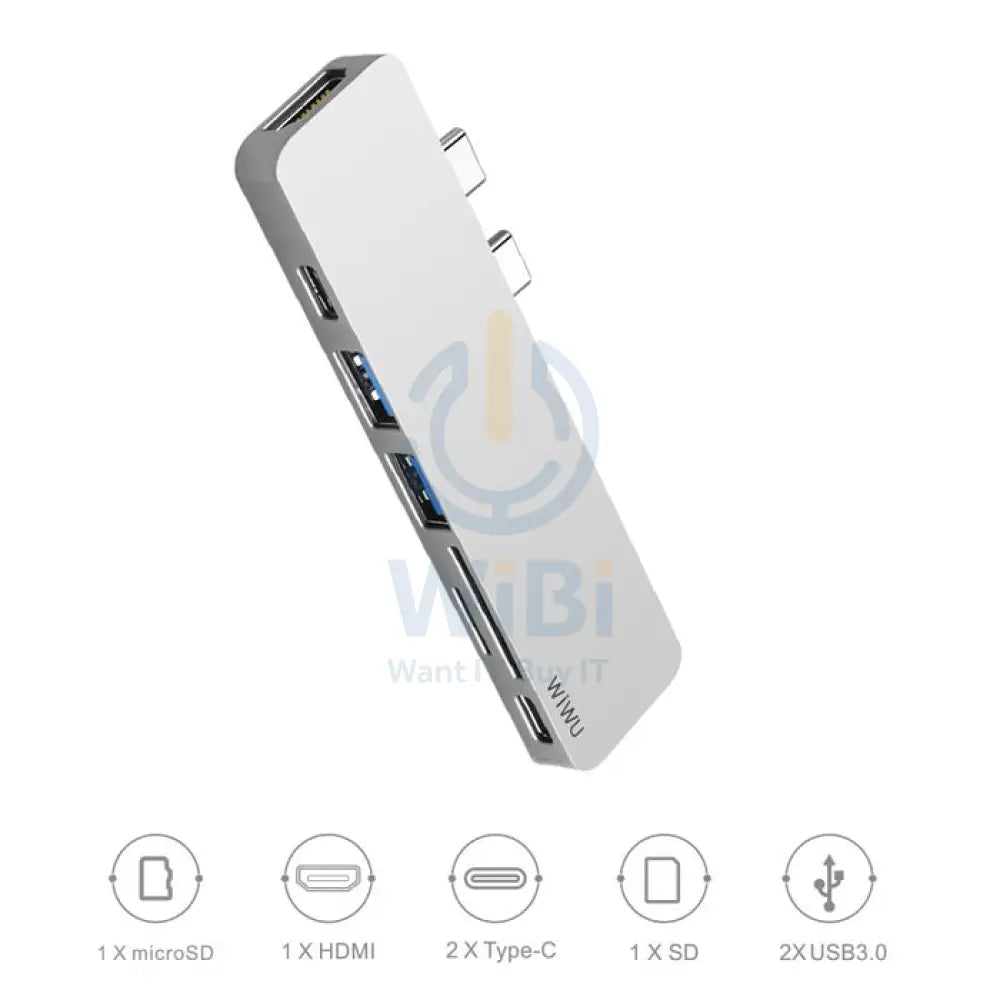 Wiwu USB Type-C 7 In 1 Hub Aluminum Case - Macbook-T8 / Silver Accessories > USB Hub