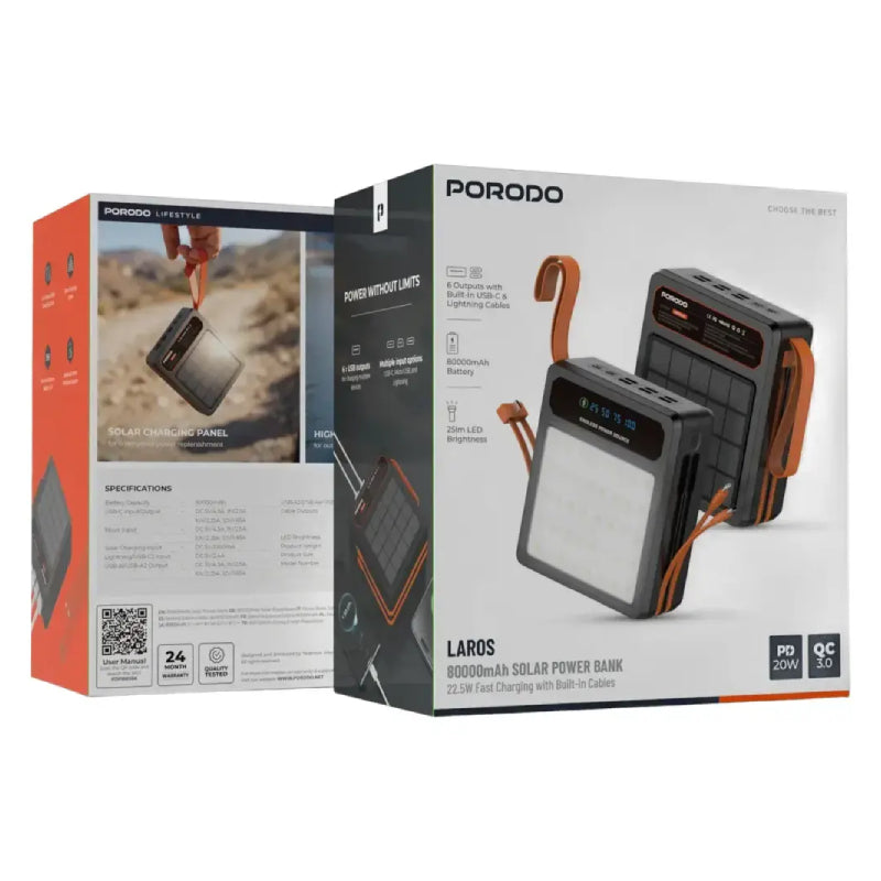 Porodo Larousse Solar Power Bank with LED Light and Built-in Cables - 80,000mAh / 22.5W / USB-A / USB-C / Black
