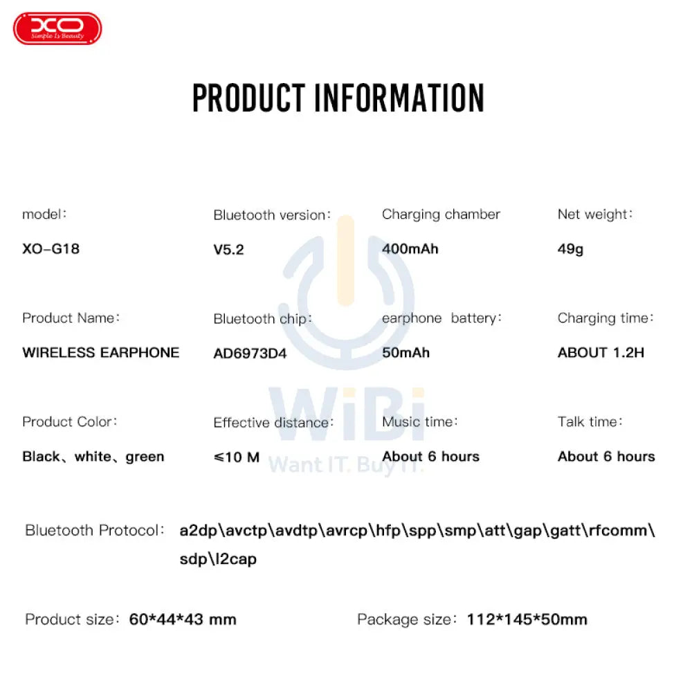 XO G18 TWS In-Ear Bluetooth Earphones - Black Accessories > Audio > Headphones
