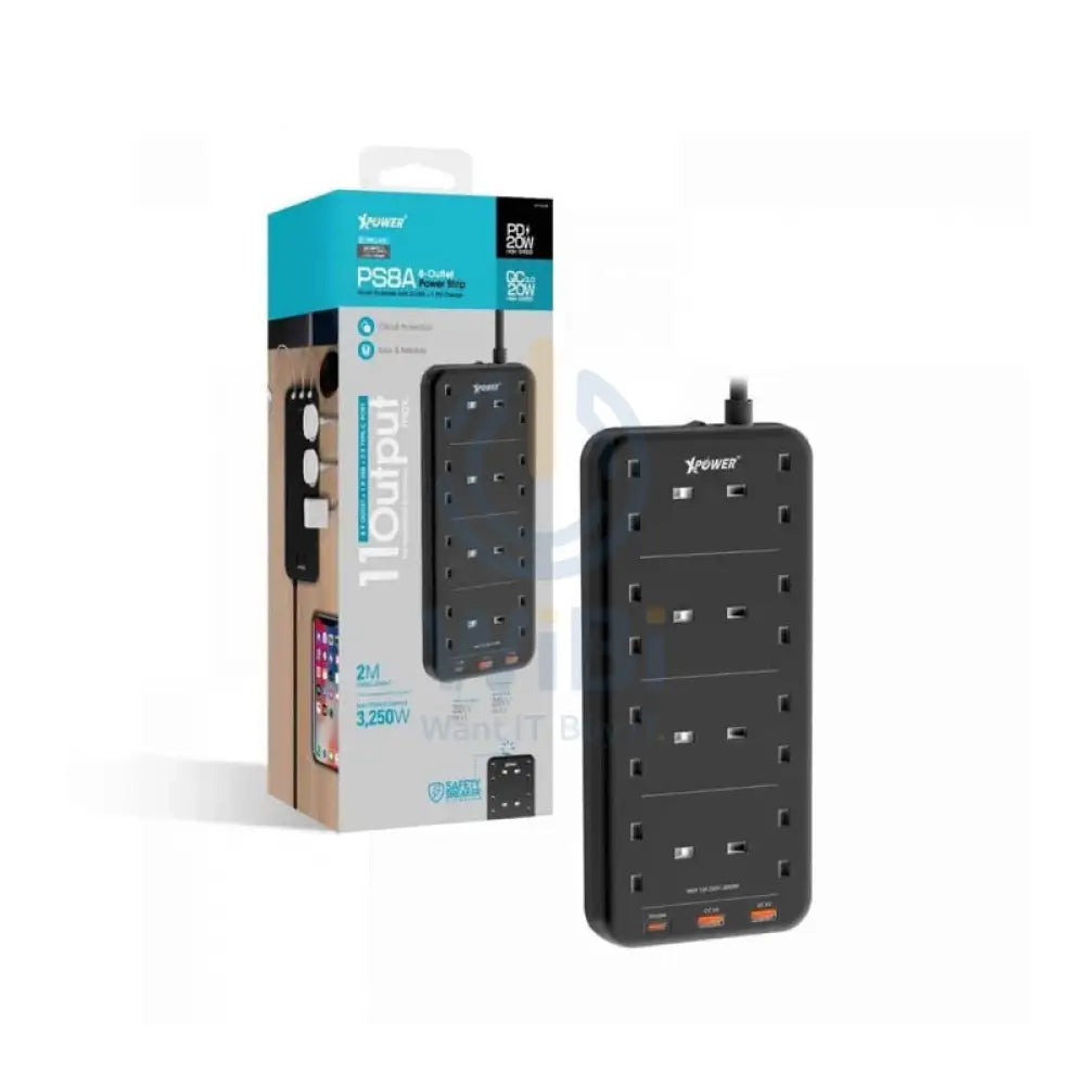 XPower PS8A 11 Output Sockets Power Strip - 3250W / 1 x Type-C / 2 x USB 3.0 / Black Accessories > Power > Power