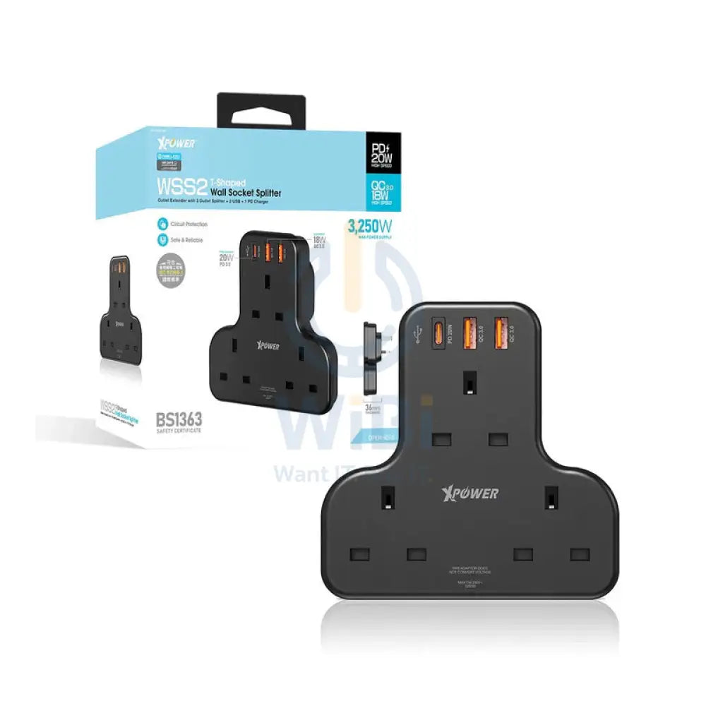 XPower WSS2 3 x Outlet T-Shaped Extension Socket - 20W / Black Accessories > Power > Power Protection > Surge Protector